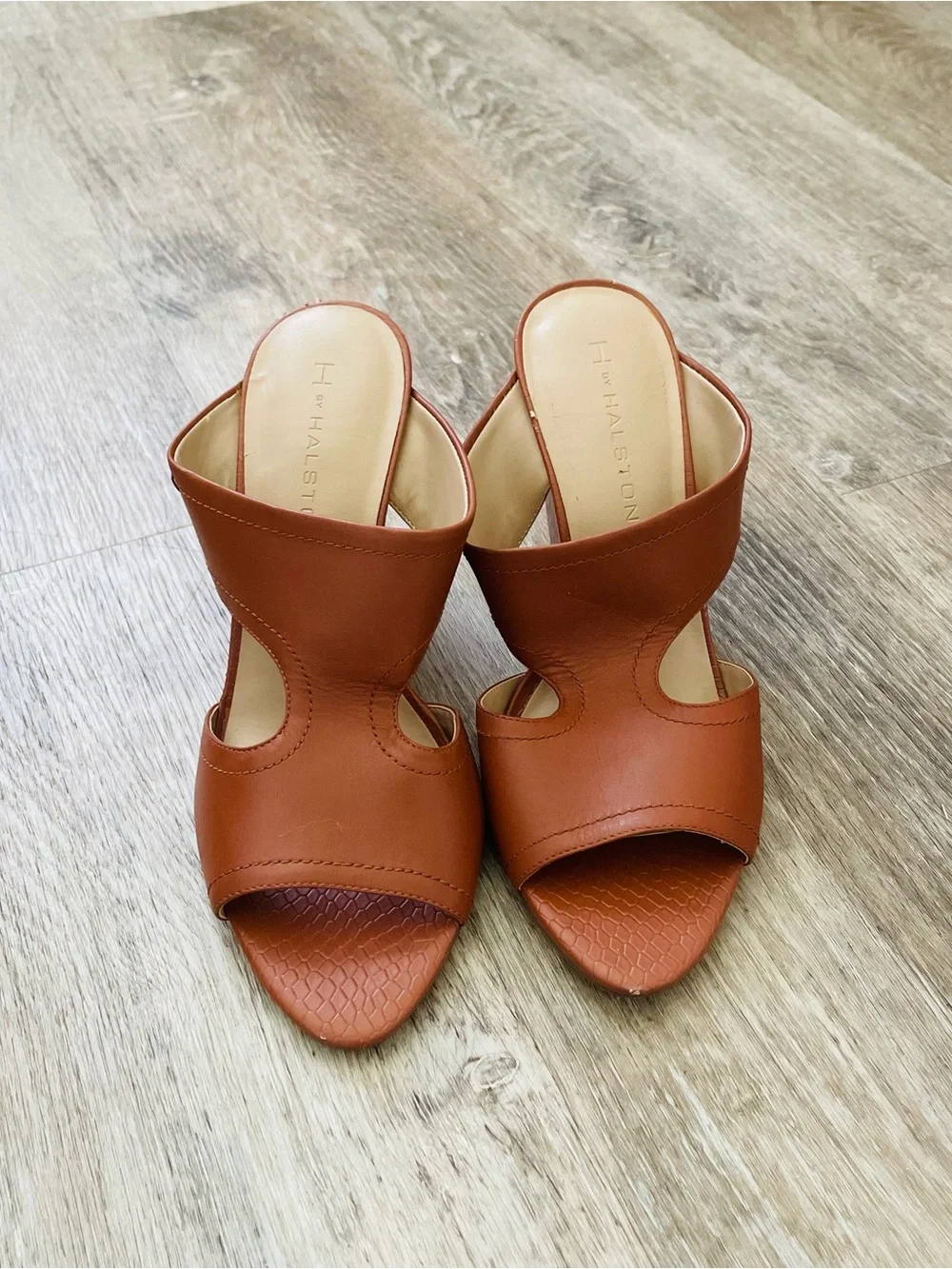 H by Halston Tan Leather Cutout Slide Mules